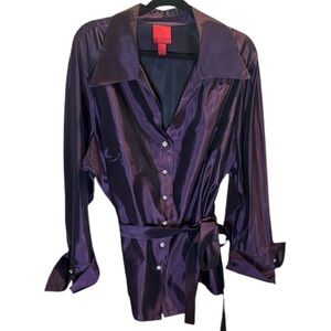 JS Collection Purple Tafetta Shiny Holiday New Years Button Belted blouse top